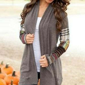 Grey Contrast Sleeve Plaid Sweater